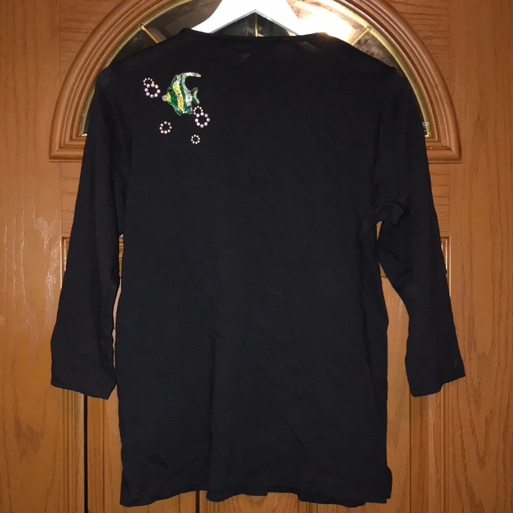 Vintage Quacker Factory Black Hand Beaded Tropical Fish Elbow Sleeve Blouse - Picture 13 of 16